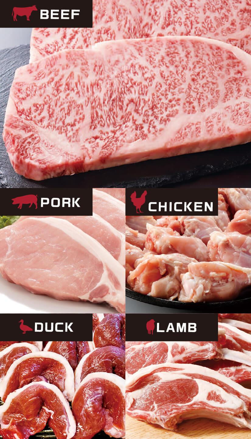 beef、pork、chicken、duck、lamb